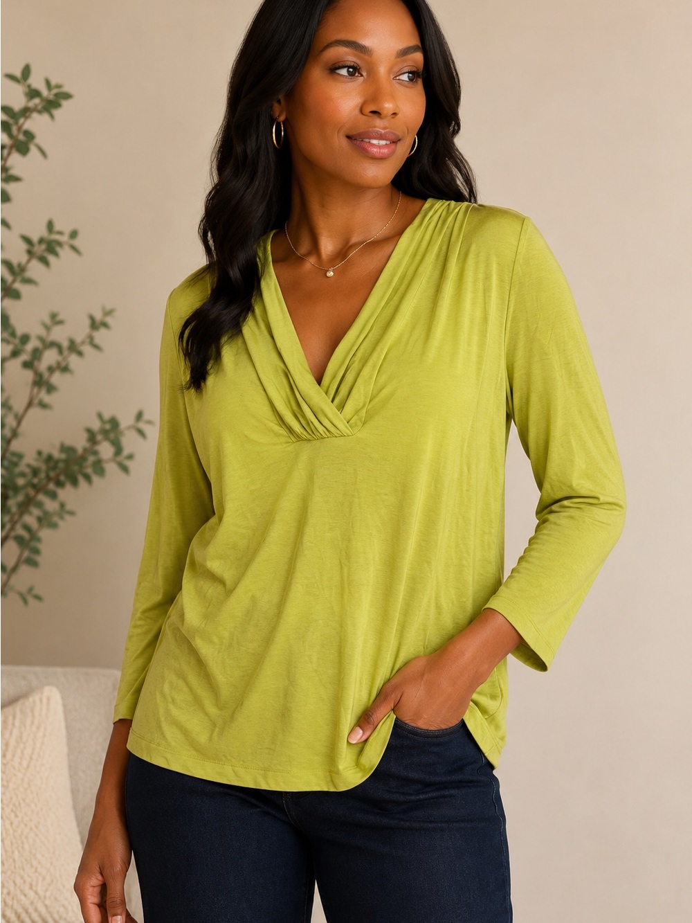 NWT Doncaster Bright Lime Green Draped V-Neck Tunic Top Size L